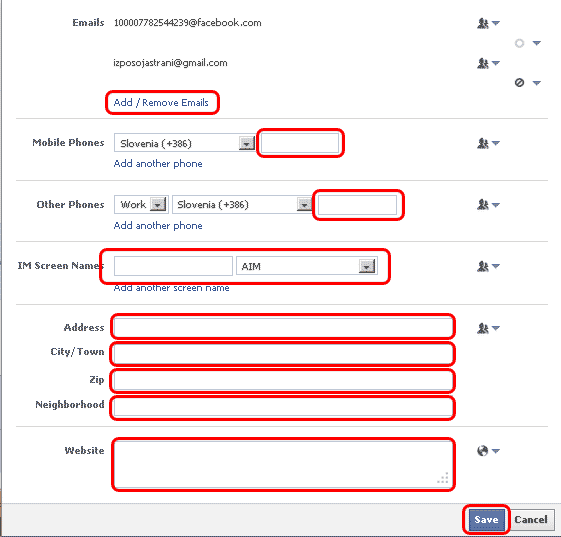 Facebook contact informations setup