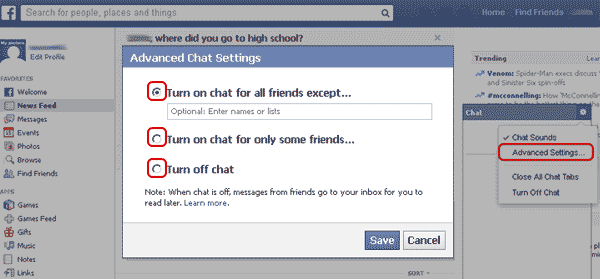 Facebook Advanced chat settings 