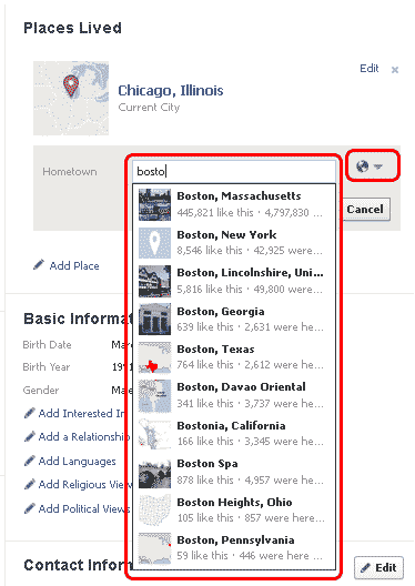 Facebook places lived 3