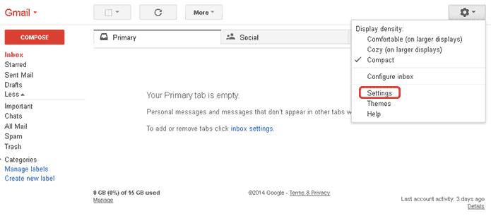 g mail settings dropdown