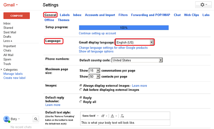 gmail language setting